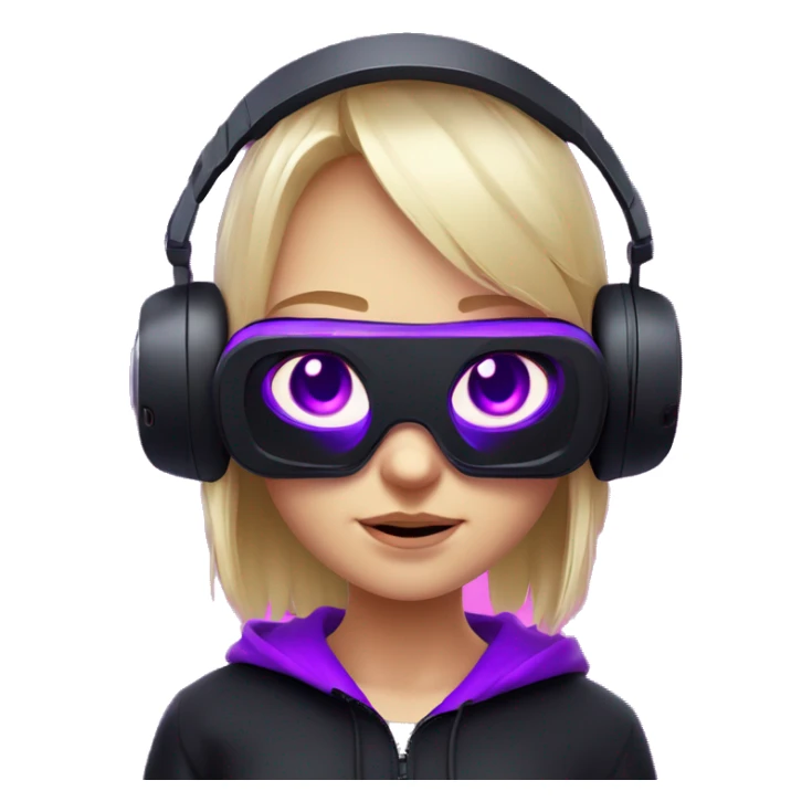 Russian cute blond student girl wearing black hoody with violet letters "OMG", in vr headset. No eyes. Cyberpunk style. Violet neon. sticker