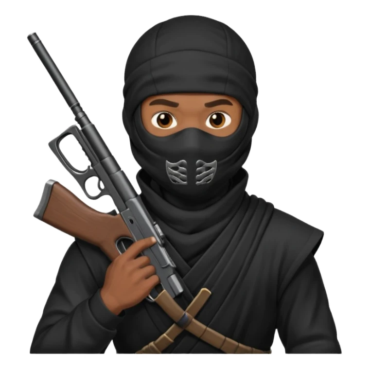 A black male in a ninja mask with a gun sticker