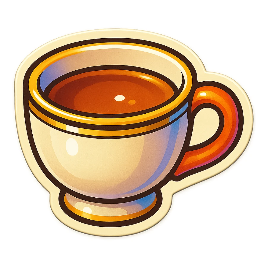 Hermès-style ceramic cup of tea, minimal design, Hermès orange handle, gold rim, cute emoji style, alternate angle, on white or transparent background sticker