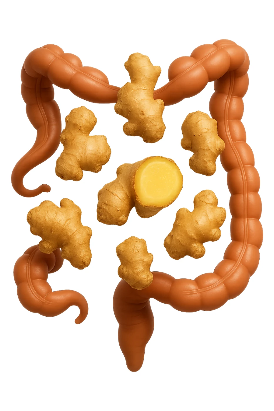 emoji stile iphone 3d di 6 piccoli pezzi di zenzero che fluttuano in aria con pezzi di colon arrotolati intorno, iperrealistico 4k sticker