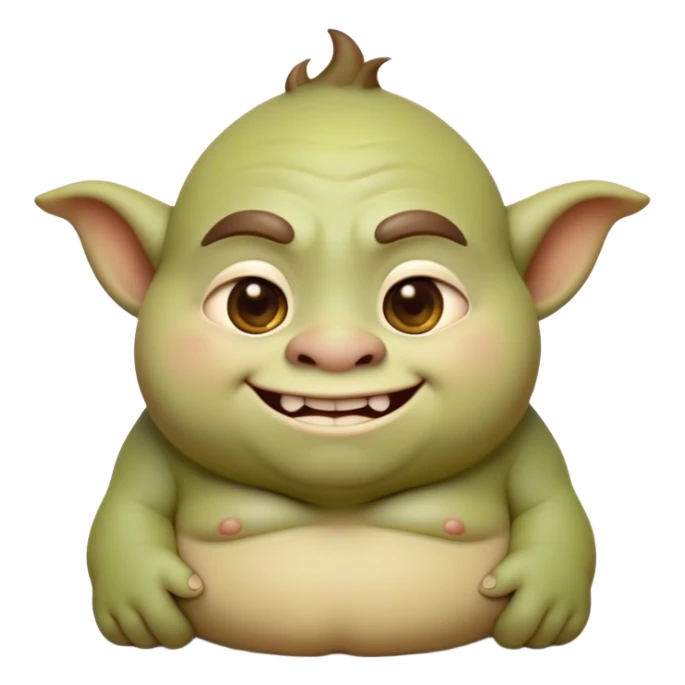 Cinematic Cute Ogre Portrait Emoji, with a surprisingly endearing, plump and huggable figure in soft earthy greens and browns, featuring big, kind eyes and a bashful smile, simplified yet irresistibly adorable, highly detailed with a soft glowing outline that captures the charm of a friendly giant who seems ready for a warm hug! sticker