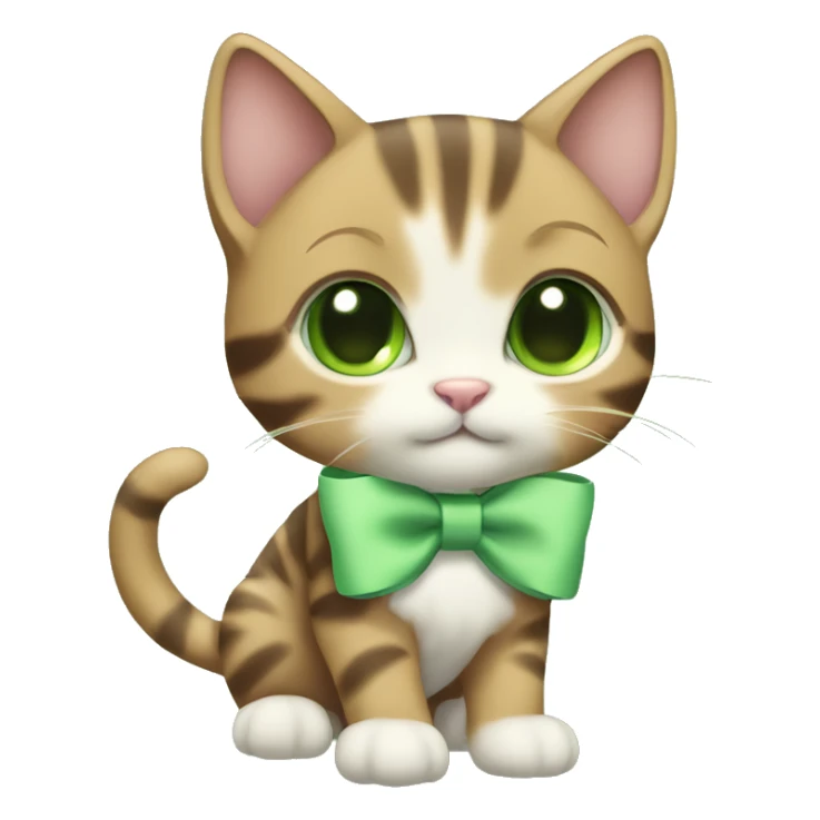 extremely cute kawaii brown tabby kitten with green eyes and pastel green bow full body sticker