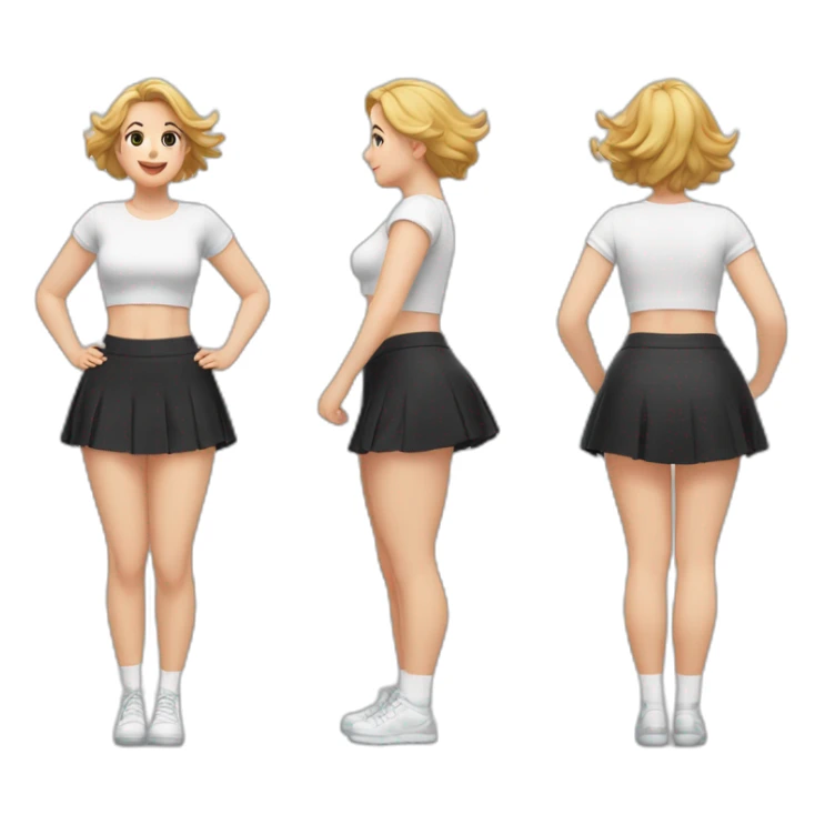 full-body-caucasian-curvy-beauty-jumping-short-black-skirt-back-and-front-views-strong-wind-white-knickers-long-white-socks sticker