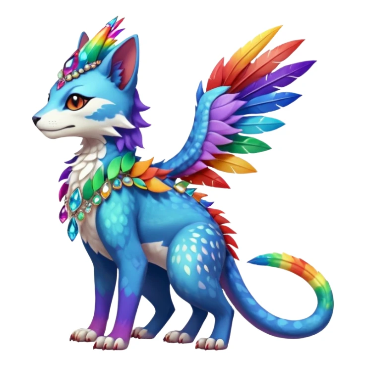 Kawaii cute colorful rainbow-colored warm-colored exotic tropical beautiful pretty elegant divine edgy feline-vernid-sergal-Fakémon-Pokémon-fursona-animal-creature with accessories, jewelries, full body, with intricate detailed markings, feathers, crystals, fins, scales, headdress sticker