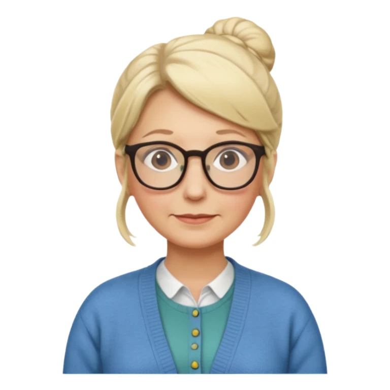 older teacher with blonde bun and glasses sticker