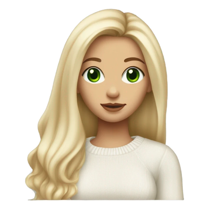 light medium skin, high cheekbone, solo blonde girl with green eyes, medium bust, white sweater, long blow out hair, baddie, middle part, cute,  sticker