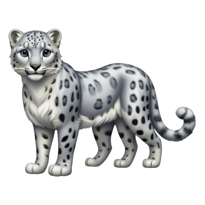 Cinematic-Snow-Leopard-Realistic-Full-Body-Standing-Emoji – Tail curled gracefully, head tilted dramatically, dense spotted fur shimmering in the cold mountain air, powerful yet elegant frame, simplified yet realistic focused features, highly detailed, glowing with an almost sarcastic glow. sticker