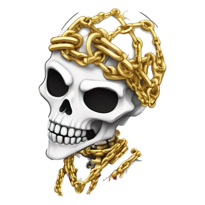 White skeleton zombie person covered in golden chains and black graffiti scribbles and red and silver doodles snowing snowflakes sticker