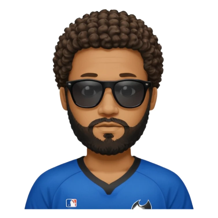 Black man with black sunglasses and curly short
 hair with a full beard and sideburns in a mavericks jersey sticker