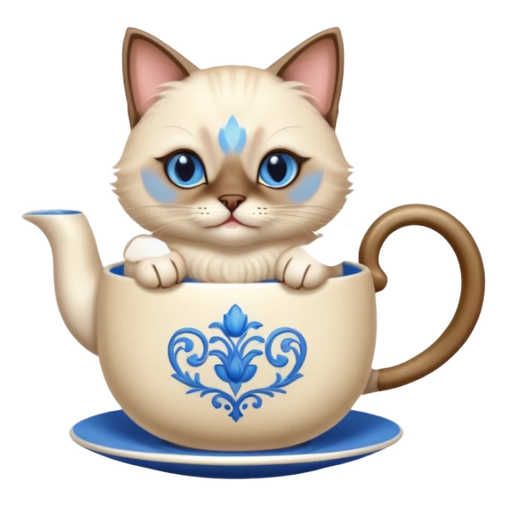 Happy siamese cat enjoying a fancy cup of tea in its front two paws sticker