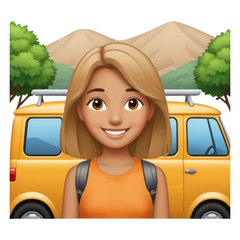 smiling girl outdoors by vehicle sticker