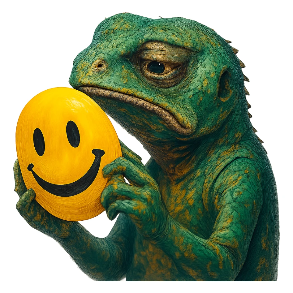 a sad lizard removing a smiling yellow emoji mask, expressive, focus on emotion, vivid colors, detailed face sticker