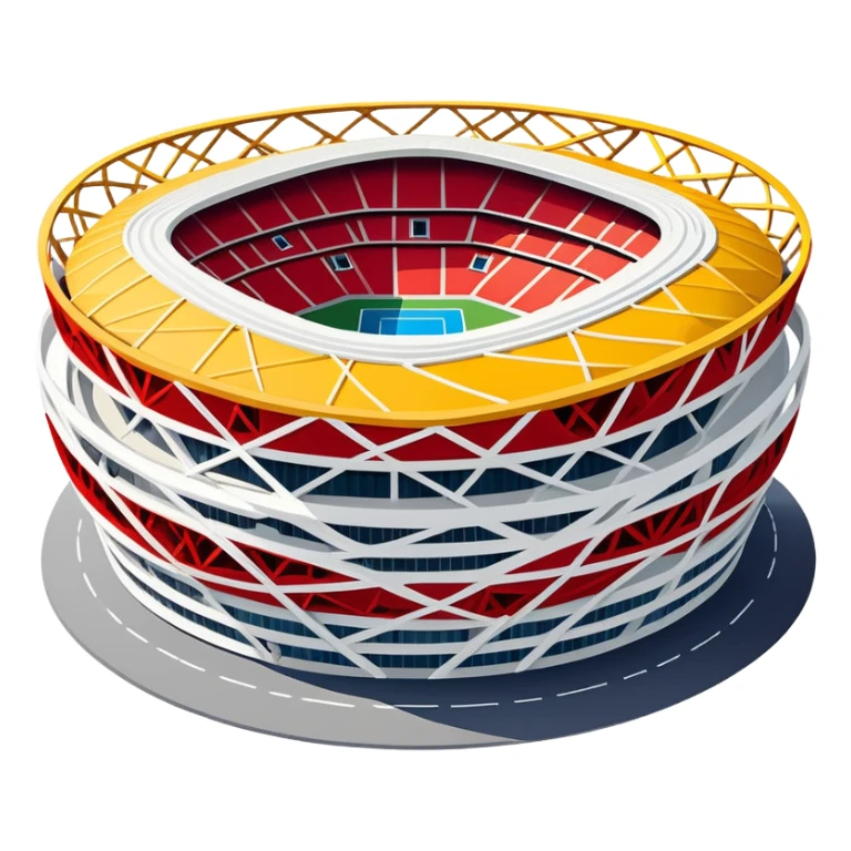 Beijing National Stadium Bird's Nest Olympic structure, simplified emoji style with bold outlines and bright colors, cartoon style modern nest-like building sticker