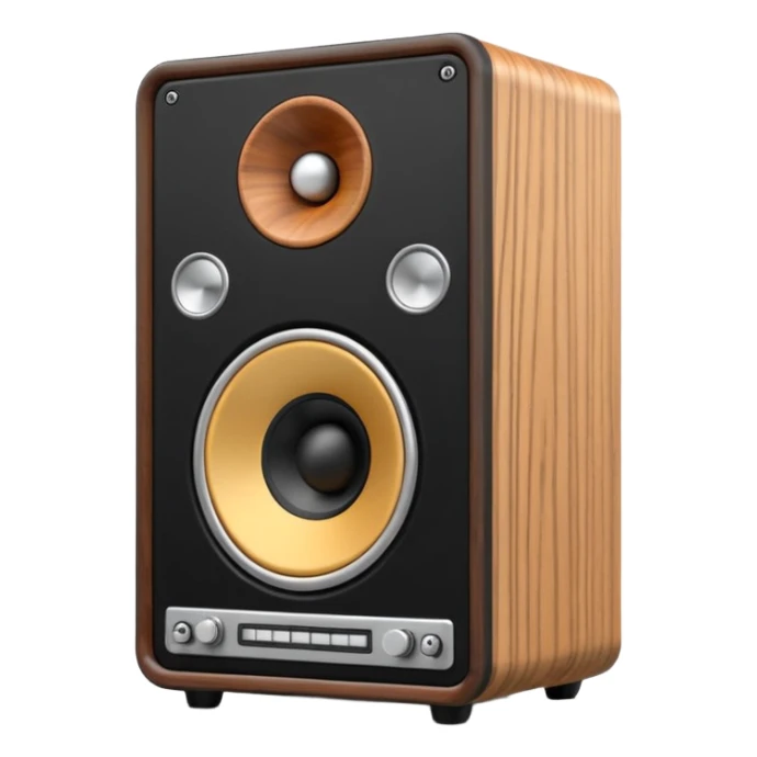3D render of Speaker Stack, vintage 1980s audio equipment aesthetic, tactile analog buttons, matte black cabinet with a large white cone center, mixed wood grain and brushed aluminum textures, Apple emoji style, isolated on white background --v 6.0 sticker