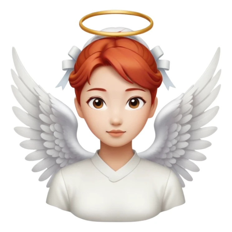 Asian angel with red hair in bun, oval face, and white wings sticker