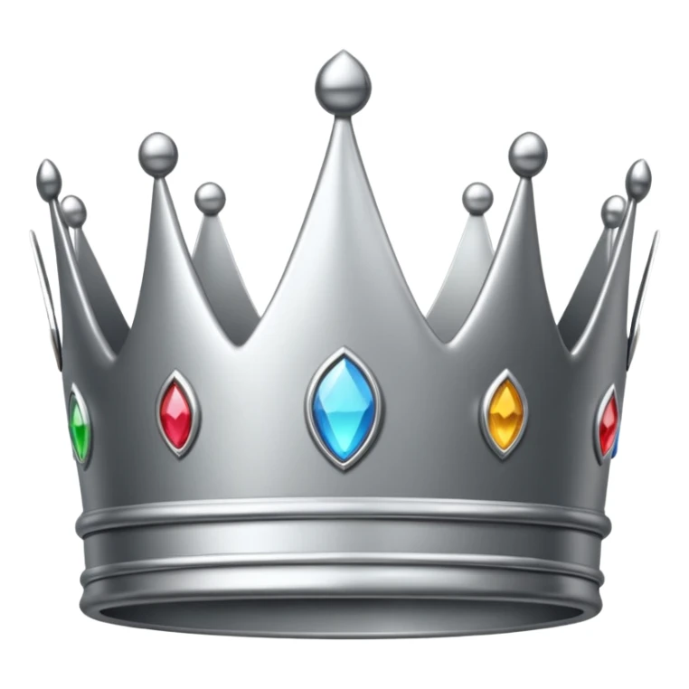 A luxury silver crown emoji, chrome metallic finish, smooth rounded edges, subtle sparkle, polished reflective surface, cute proportions, iOS emoji style, centered on a clean white background, soft studio lighting, no outlines sticker