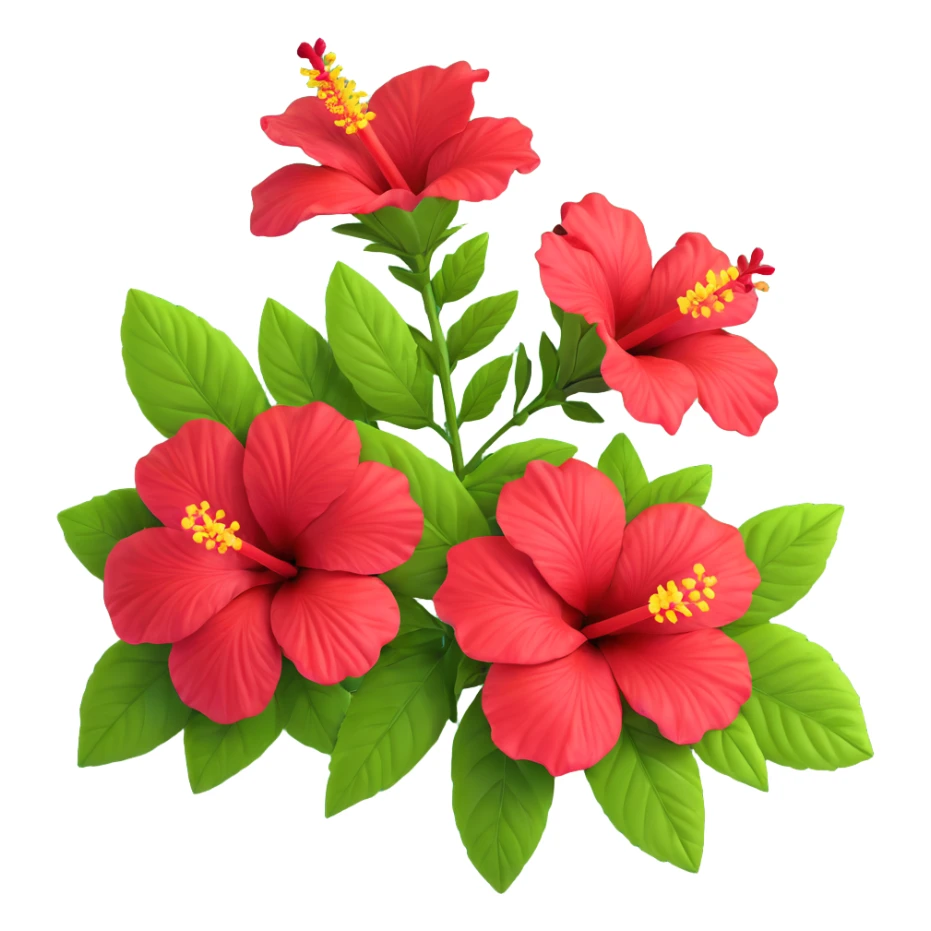 Detailed red hibiscus flower with green leaves and distinctive long stamen sticker