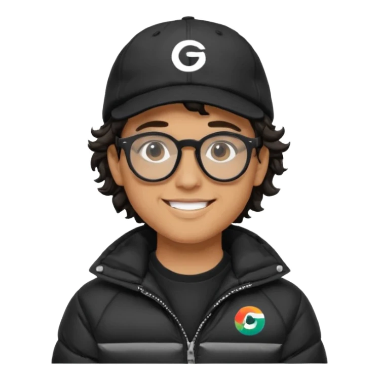 Young man wearing a black puffer jacket, black baseball cap with a small logo, round black glasses, wavy hair peeking out from under the cap, smiling. use dropcourse logo for cap and colouring for the puffer jacket sticker