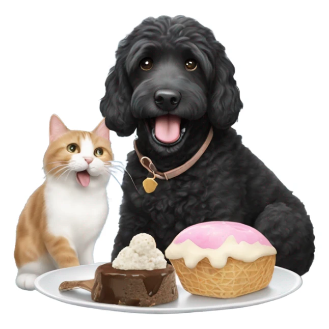 Black labradoodle licking ice cream with a fat grey and white cat beside him sticker