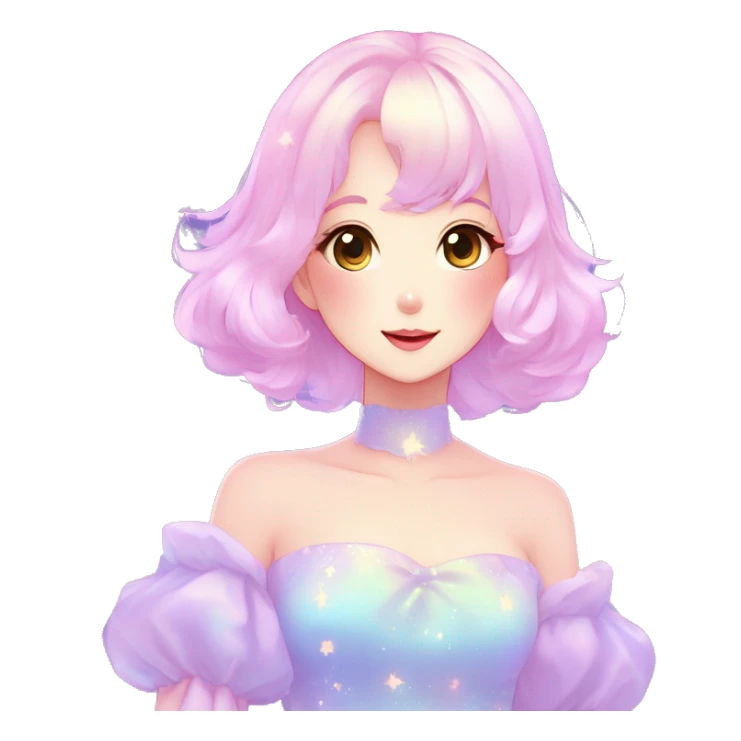 Gorgeous pastel anime style lady blushing nebula-gradient-sparkle face dreamy idol model colorful shiny stars galaxy kawaii cottagecore pearly petite simplistic aesthetic trending style sticker