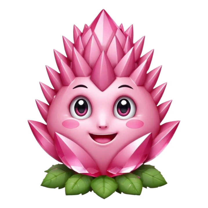 A single cute pink crystal cluster character, chunky round base with many tall rose-pink crystal spikes growing upward like a quartz cluster, faceted and slightly imperfect, on the front of the base a kawaii face with big shiny eyes and a happy open smile sticker