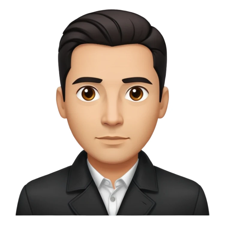 Attractive Hispanic TV host in his early 40s with light brown skin, short straight black hair slicked back with fade on sides, square handsome face with strong jawline, friendly approachable expression, wearing black jacket with white buttoned shirt underneath sticker