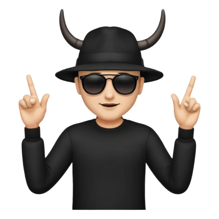 man dressed in black with dark glasses black Lens and a black hat making the horns gesture with both fingers hands sticker