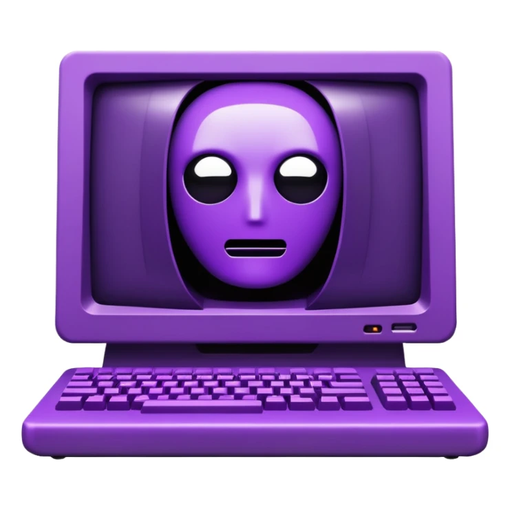 A futuristic terminal prompt colored purple on an old computer ascii characters no face sticker