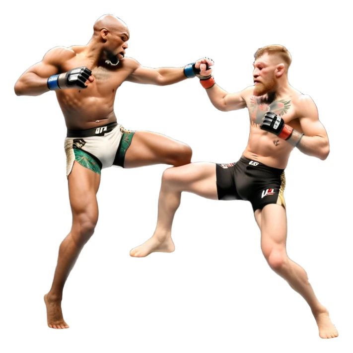 An MMA showdown between Conor McGregor and Anderson Silva in the octagon. McGregor is executing a jumping strike, while Silva skillfully deflects the attack. The background shows the UFC octagon with roaring fans and vibrant energy. Transparent background. sticker