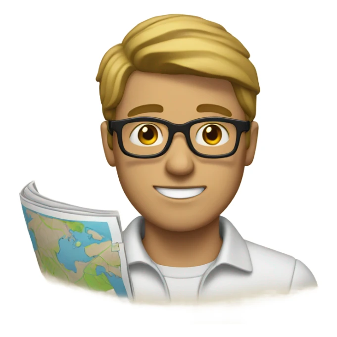 Guy with glasses and dark blonde hair holding a map plan  sticker