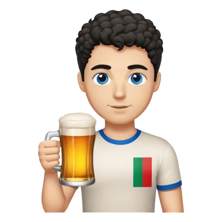 white guy thick eyebrows blue eyes with short curly black hair holding beer wearing a shirt with the italian flag sticker