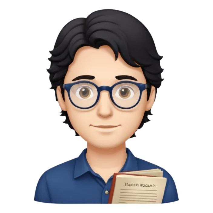 Young caucasian man with slightly longer wavy black hair, round glasses, dark blue shirt, holding a theater program sticker