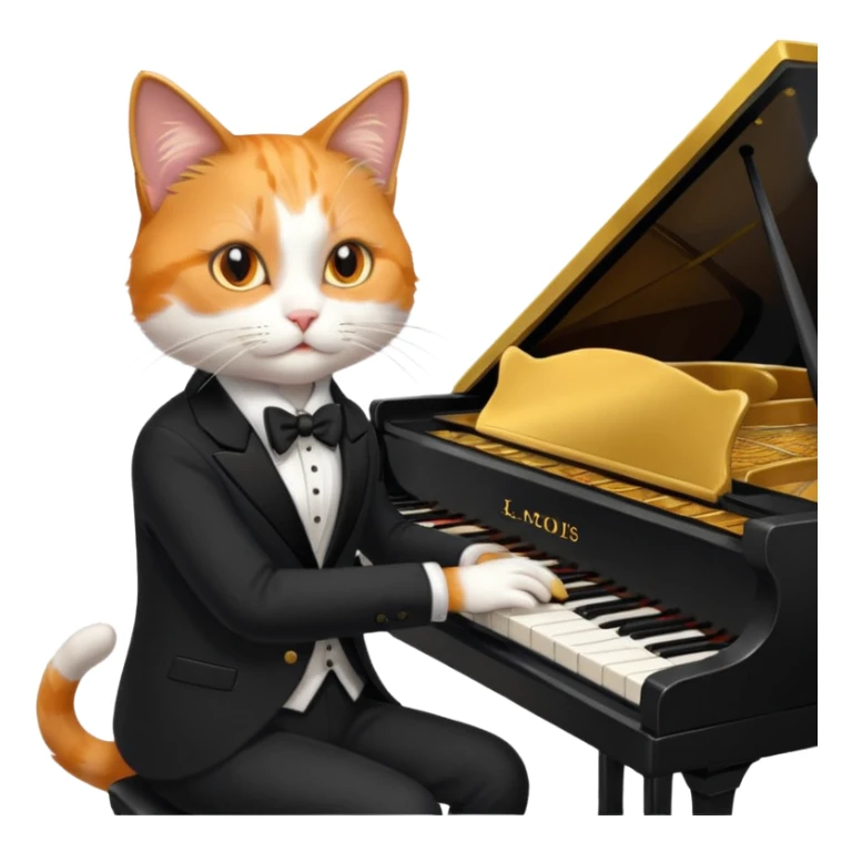 calico cat play gold piano, wear black suit, portrait sticker