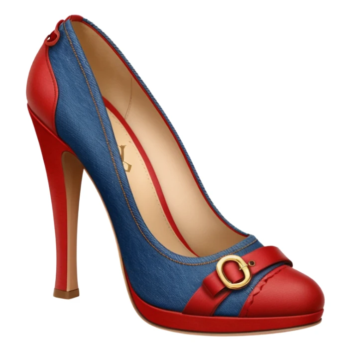 Louis Vuitton denim, red, brown, high heel pumps, rendering, detailed sticker