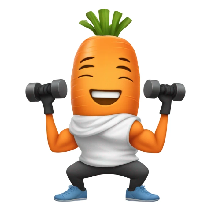 Generate an energetic carrot emoji wearing a sweatband, lifting tiny dumbbells, and looking motivated. sticker