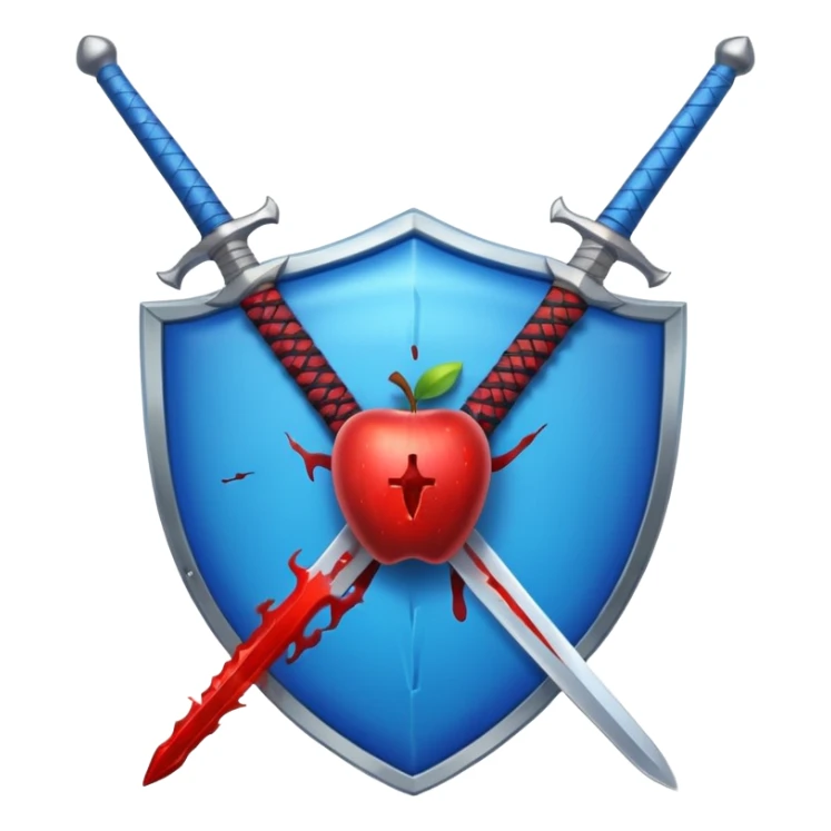 shiny vibrant blue round shield with a vertical sword behind it, blood effect on the sword, apple emoji style sticker