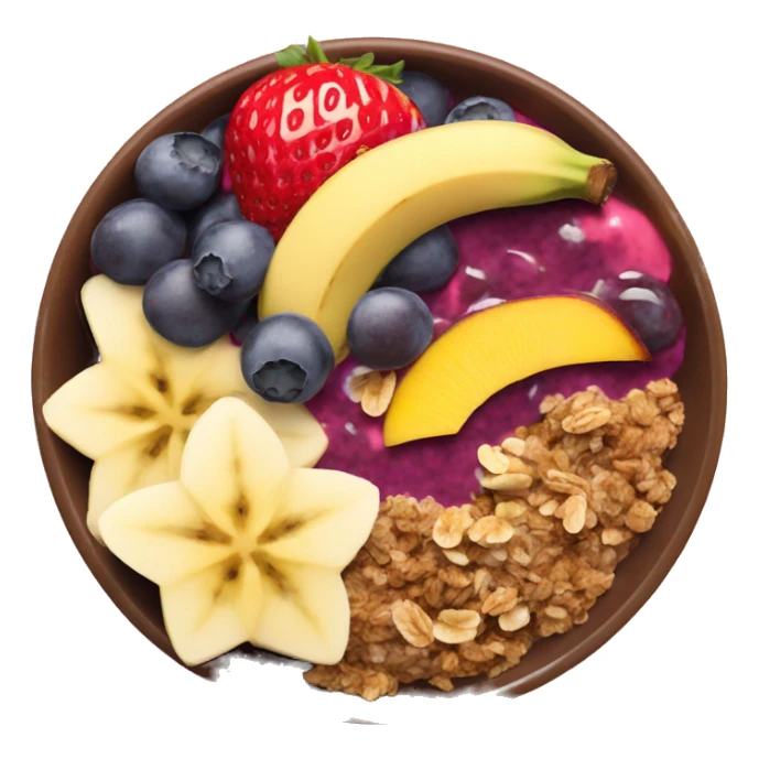Açai bowl with granola sliced banana strawberry mango on top sticker