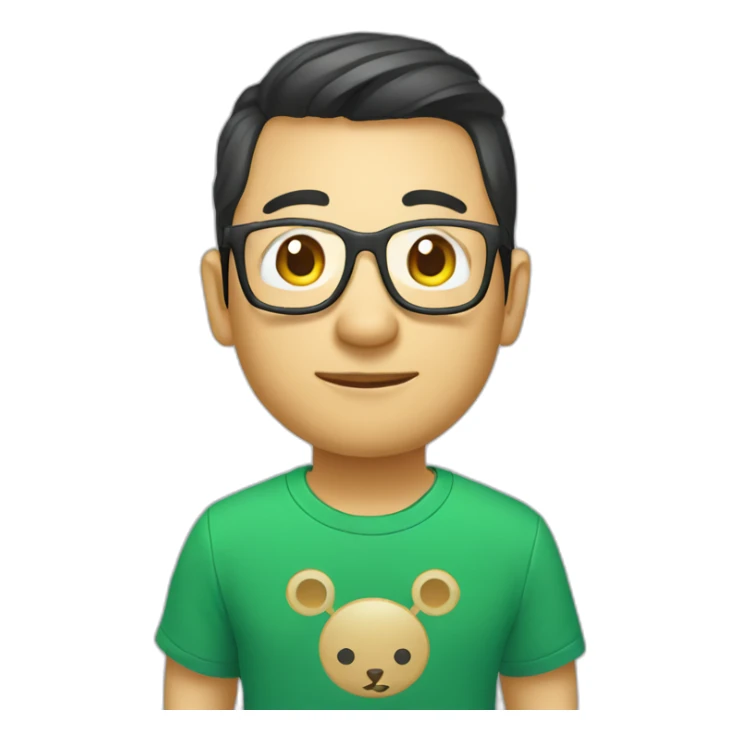 Chinese web developer, with glasses and a Vue.js logo T-shirt sticker