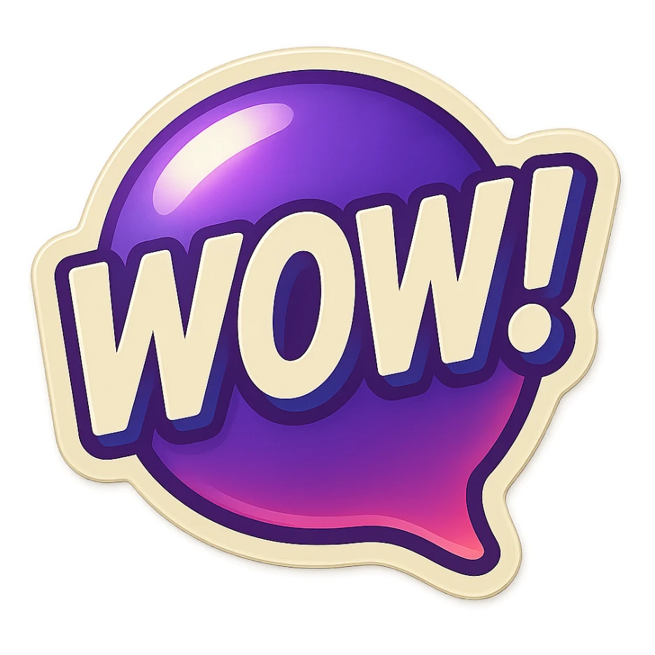 Purple bubble with white text saying "WOW!" sticker