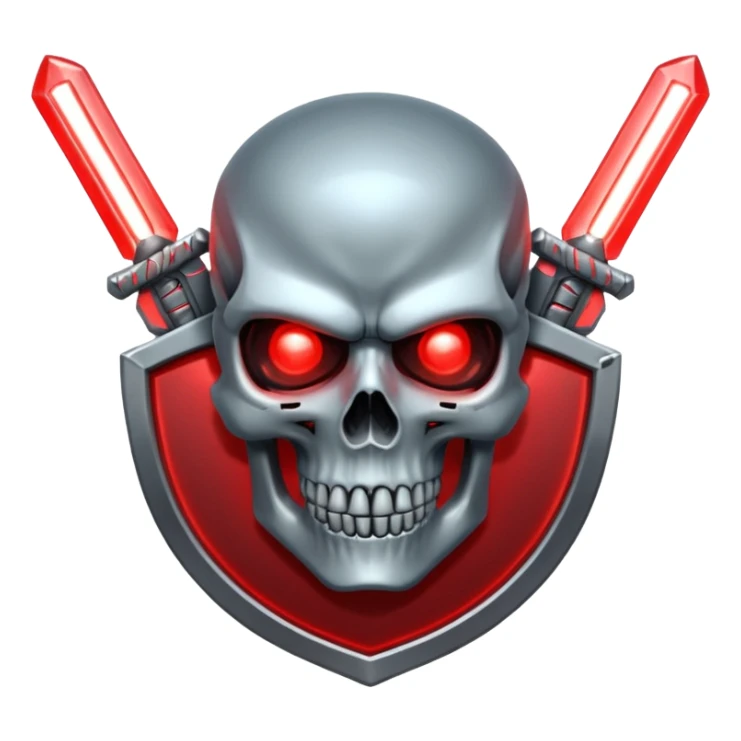 Sci-fi shield badge, terminator style skull, glowing red eyes, crossed futuristic light sable and energy sword, no background sticker