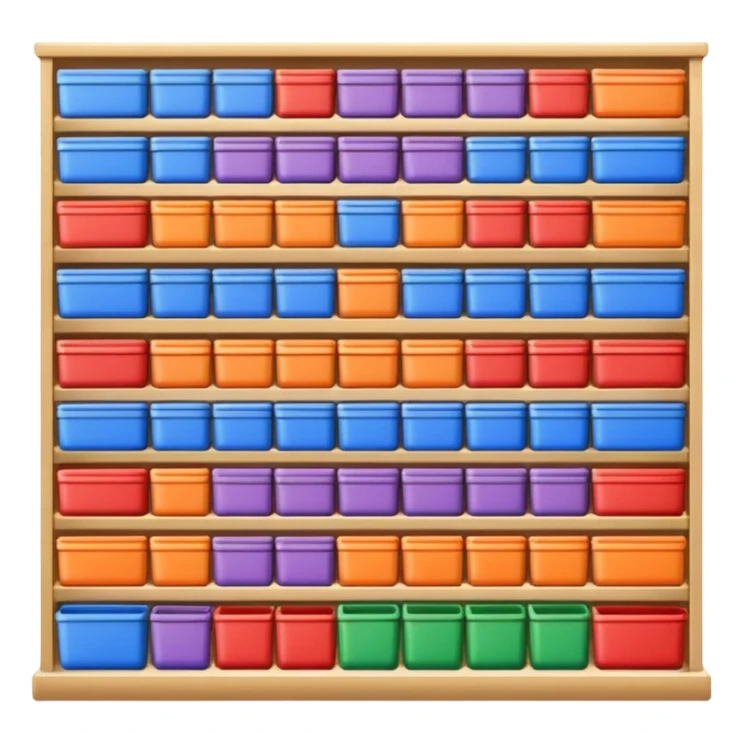 "Each product is stocked in multiple units placed directly behind one another on the same shelf, forming deep horizontal lines of identical items, while different product types are arranged vertically in separate columns." sticker