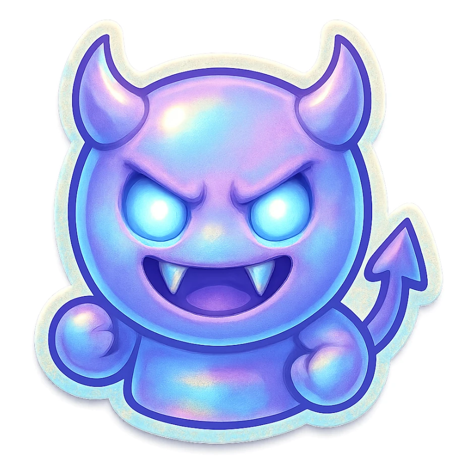 devil emoji, chibi style, holographic effect, iridescent soft purple and sky blue, sharp fangs, glowing eyes, dramatic shadows sticker