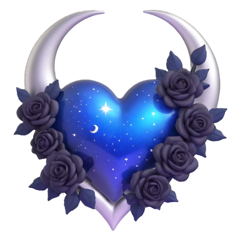 3D emoji gothic heart, midnight blue glass material, silver crescent moon, tiny black roses, shimmering stardust, mysterious and rich style sticker