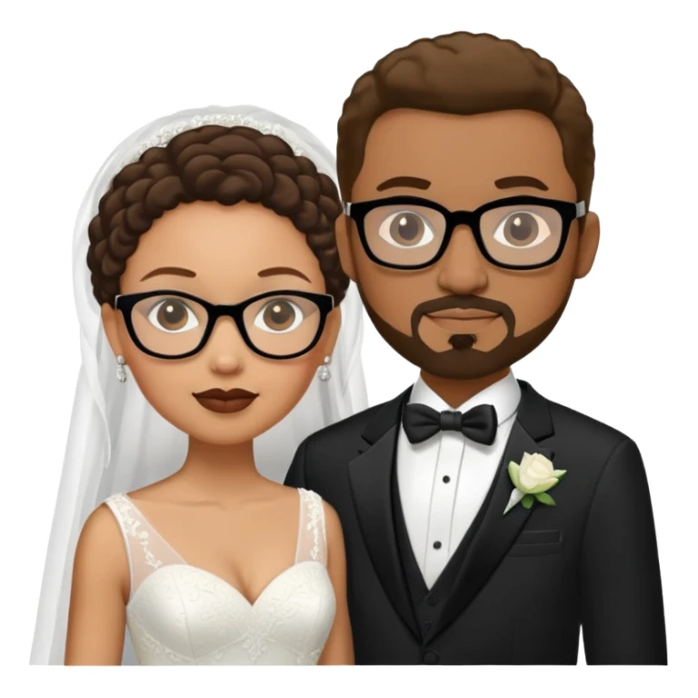 light-skinned African American woman with glasses in a wedding dress and light-skinned man with a black goatee in a tuxedo sticker
