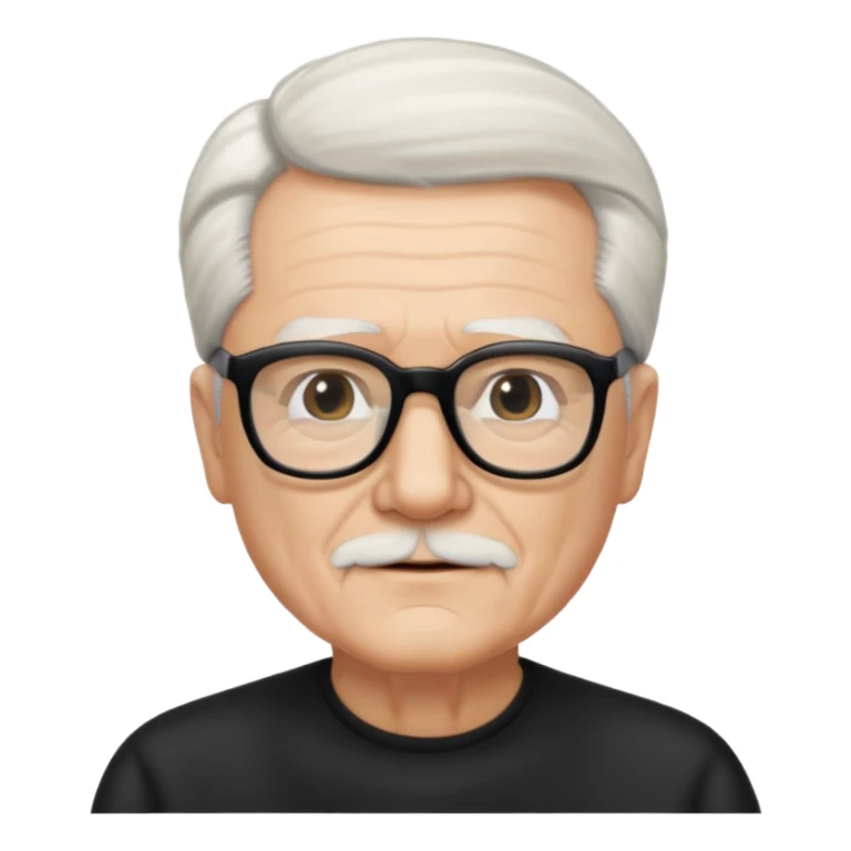 An elderly man with neatly combed white hair swept back and wears black rectangular glasses sticker