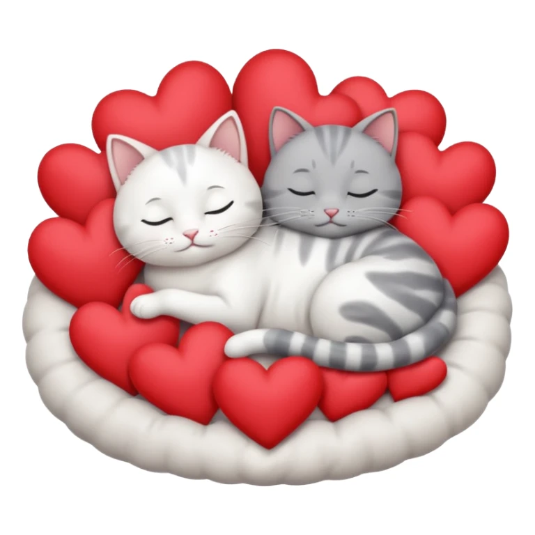 White cat and gray cat sleeping in a bed full of hearts sticker