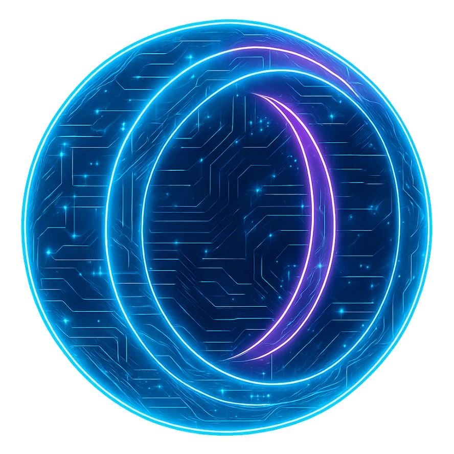Transform the Opera GX logo into a cyberpunk, holographic style with glowing neon blue and pink edges, circuit patterns throughout the entire icon, and a transparent background. Maintain the recognizable Opera GX double-circle shape, overlaying neon and circuit effects in the same futuristic, clean style as previous cyberpunk icons. The whole icon should have a consistent cyberpunk glow and intricate circuit details in a futuristic, clean style. sticker