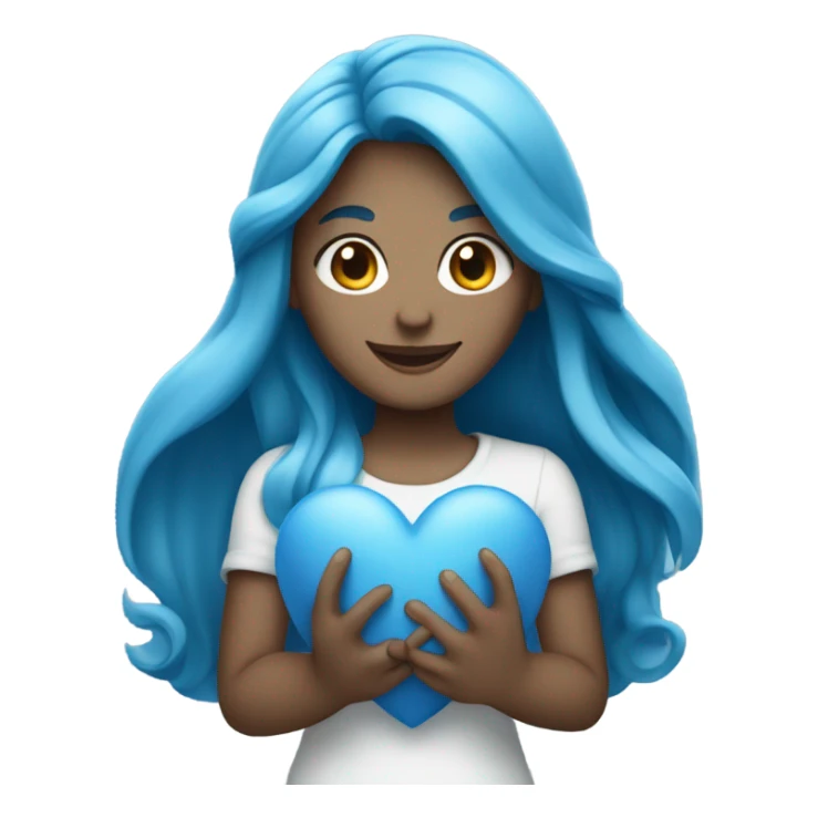 white girl with long blue hair holding a blue heart sticker