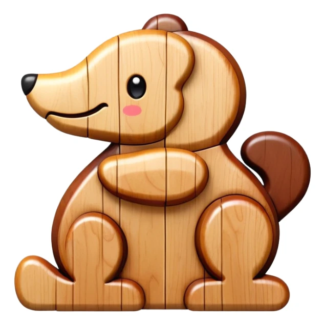 A wooden puzzle animal character with interlocking pieces and a happy expression sticker