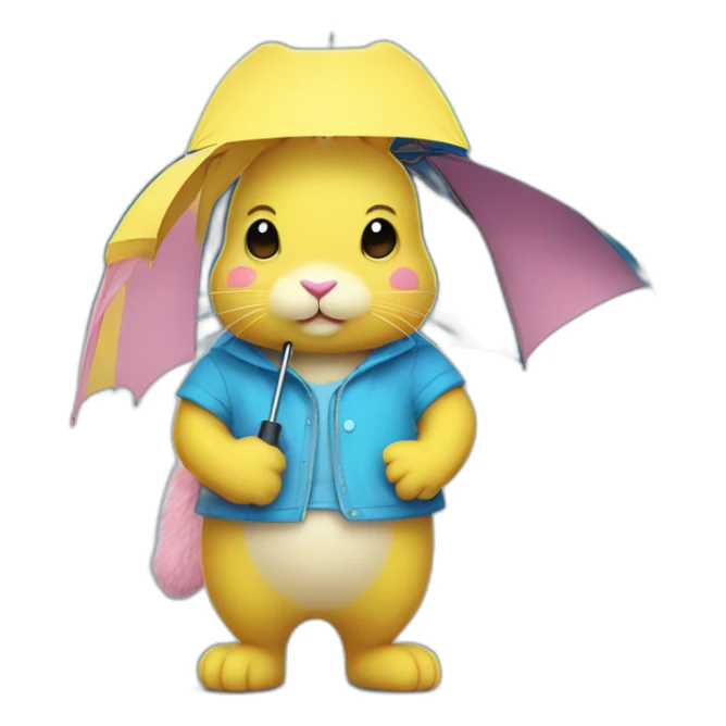 Pink fur rabbit dressed in a yellow tee shirt holding blue umbrella sticker